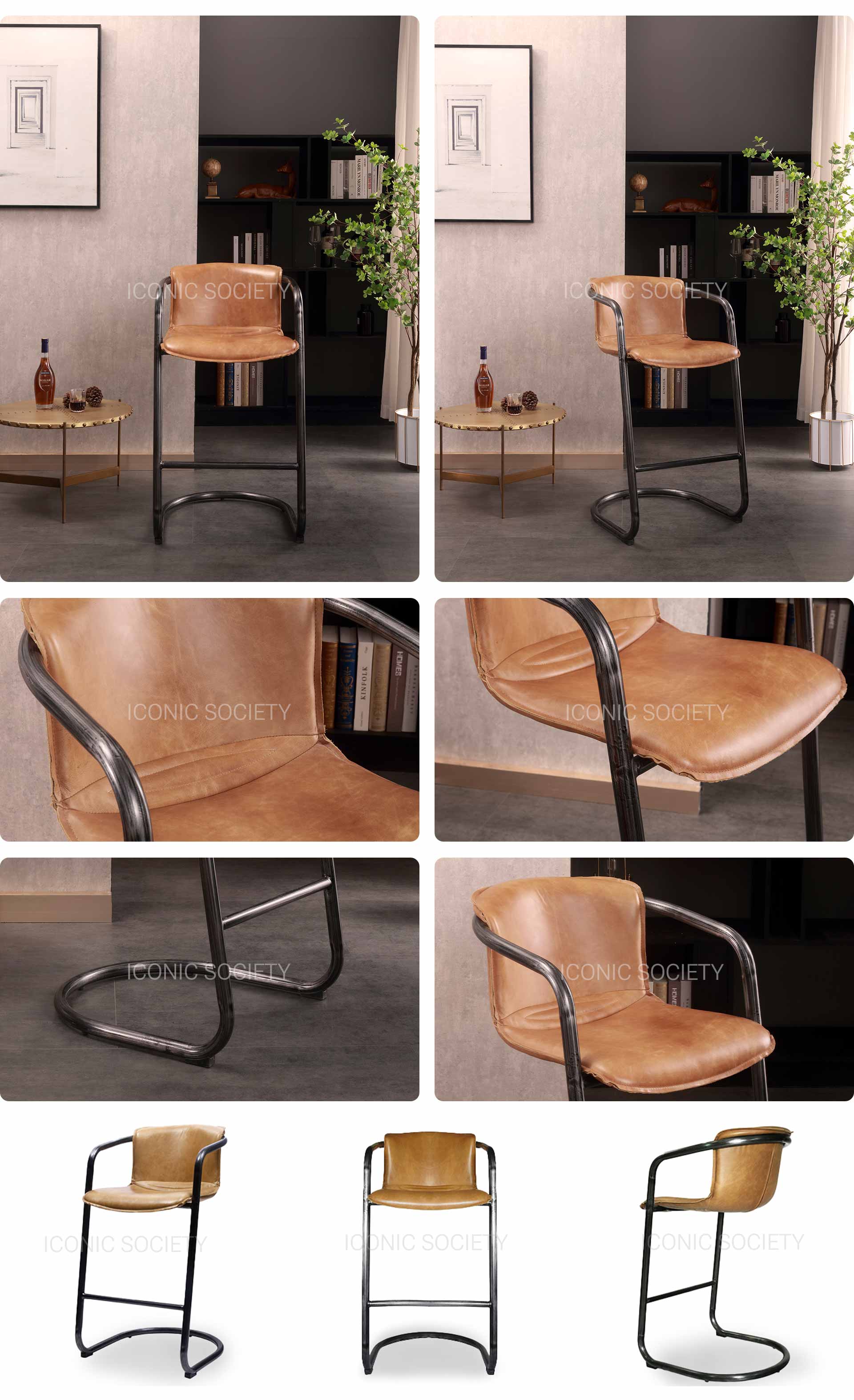 Industrial Leather Bar StoolCognacMIAMI HI CHAIRIconic Society